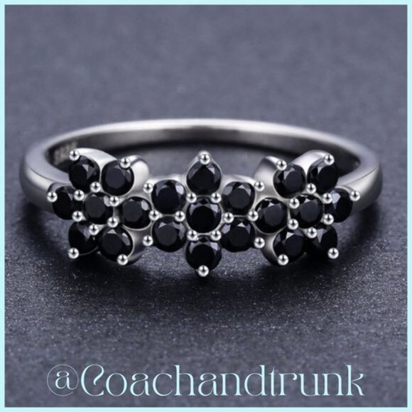 925 Sterling Silver Black Spinel Prong Set 3 Flower Band Ring Size 6 NWT - Picture 3 of 5